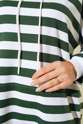 Yatay Çizgili Kapüşonlu Tunik Yeşil - Thumbnail