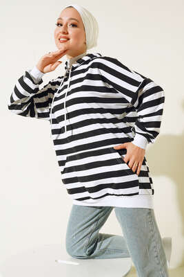 Yatay Çizgili Kapüşonlu Tunik Siyah - Thumbnail