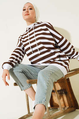 Yatay Çizgili Kapüşonlu Tunik Kahve - Thumbnail