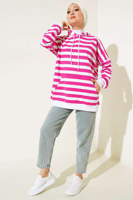 Yatay Çizgili Kapüşonlu Tunik Fuşya - Thumbnail