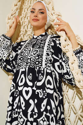 Kalp Desenli Elbise Siyah - Thumbnail