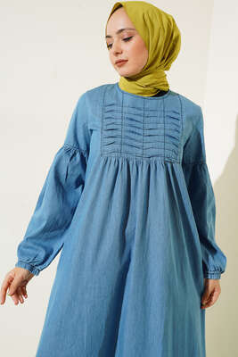 Önü Drapeli Denim Elbise Kot Mavisi - Thumbnail