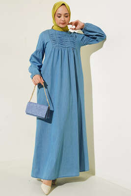 Önü Drapeli Denim Elbise Kot Mavisi - Thumbnail