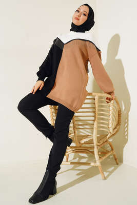 Önü V Zincir Detaylı Triklo Tunik Siyah - Thumbnail