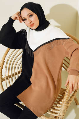 Önü V Zincir Detaylı Triklo Tunik Siyah - Thumbnail