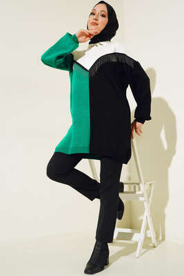 Önü V Zincir Detaylı Triklo Tunik Yeşil - Thumbnail