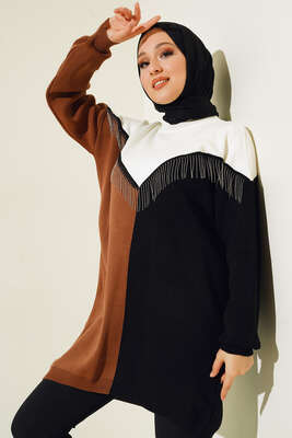 Önü V Zincir Detaylı Triklo Tunik Taba - Thumbnail