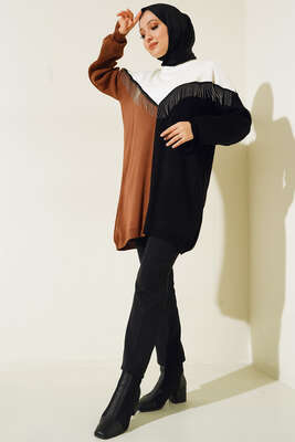 Önü V Zincir Detaylı Triklo Tunik Taba - Thumbnail