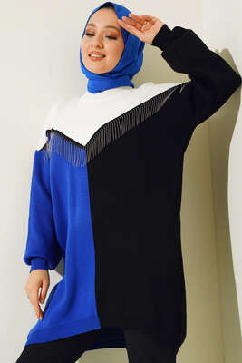 Önü V Zincir Detaylı Triklo Tunik Saks - Thumbnail