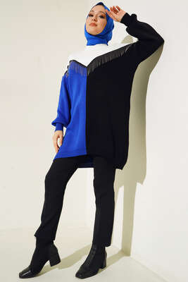 Önü V Zincir Detaylı Triklo Tunik Saks - Thumbnail