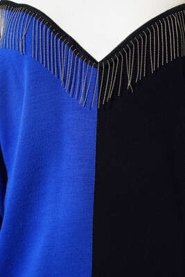 Önü V Zincir Detaylı Triklo Tunik Saks - Thumbnail