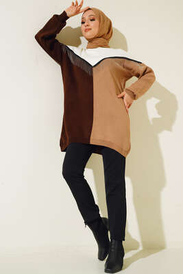 Önü V Zincir Detaylı Triklo Tunik Kahve - Thumbnail