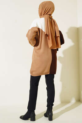 Önü V Zincir Detaylı Triklo Tunik Kahve - Thumbnail