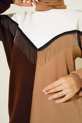 Önü V Zincir Detaylı Triklo Tunik Kahve - Thumbnail