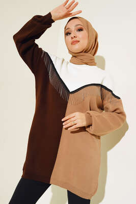 Önü V Zincir Detaylı Triklo Tunik Kahve - Thumbnail