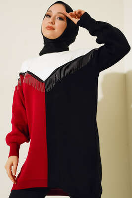 Önü V Zincir Detaylı Triklo Tunik Bordo - Thumbnail