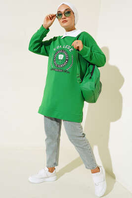 College Baskılı Tunik Yeşil - Thumbnail