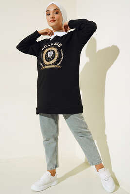 College Baskılı Tunik Siyah - Thumbnail
