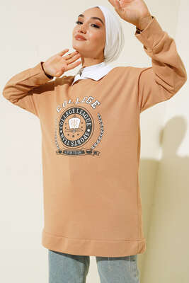 College Baskılı Tunik Latte - Thumbnail