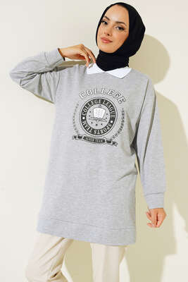 College Baskılı Tunik Gri - Thumbnail