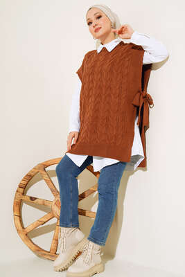 Yandan Kuşak Bağlamalı Süveter Taba - Thumbnail