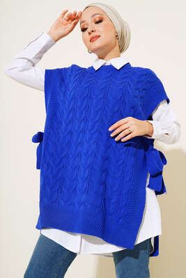 Yandan Kuşak Bağlamalı Süveter Saks - Thumbnail