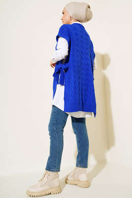 Yandan Kuşak Bağlamalı Süveter Saks - Thumbnail