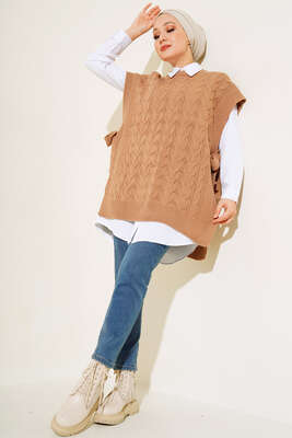 Yandan Kuşak Bağlamalı Süveter Latte - Thumbnail