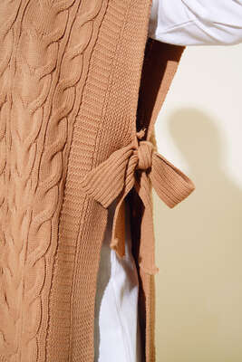 Yandan Kuşak Bağlamalı Süveter Latte - Thumbnail