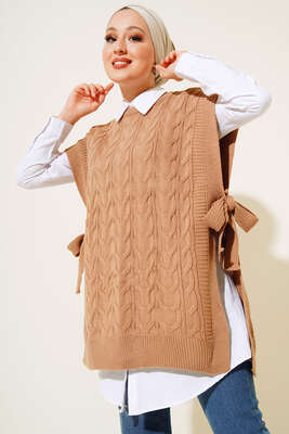 Yandan Kuşak Bağlamalı Süveter Latte - Thumbnail