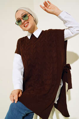 Yandan Kuşak Bağlamalı Süveter Kahve - Thumbnail