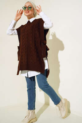 Yandan Kuşak Bağlamalı Süveter Kahve - Thumbnail