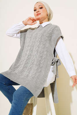 Yandan Kuşak Bağlamalı Süveter Gri - Thumbnail