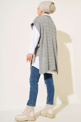 Yandan Kuşak Bağlamalı Süveter Gri - Thumbnail