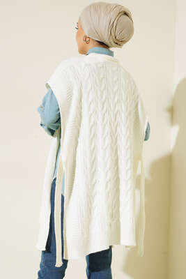 Yandan Kuşak Bağlamalı Süveter Ekru - Thumbnail