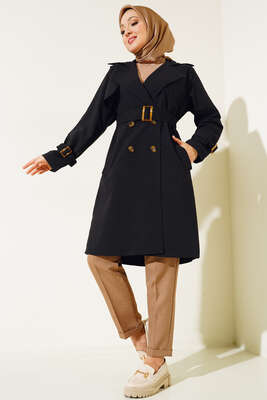 İki Düğmeli Trençkot Siyah - Thumbnail