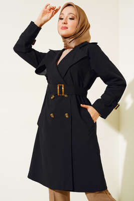 İki Düğmeli Trençkot Siyah - Thumbnail