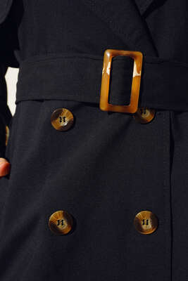 İki Düğmeli Trençkot Siyah - Thumbnail