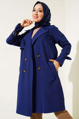 İki Düğmeli Trençkot Lacivert - Thumbnail