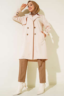 İki Düğmeli Trençkot Bej - Thumbnail