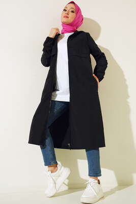 Fermuarlı Kapüşonlu Uzun Yağmurluk Siyah - Thumbnail