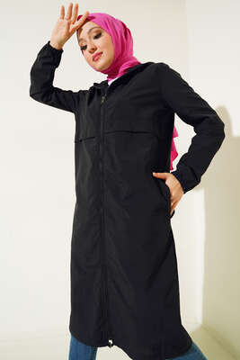 Fermuarlı Kapüşonlu Uzun Yağmurluk Siyah - Thumbnail