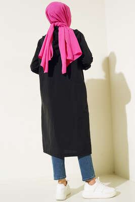 Fermuarlı Kapüşonlu Uzun Yağmurluk Siyah - Thumbnail