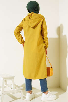 Fermuarlı Kapüşonlu Uzun Yağmurluk Hardal - Thumbnail