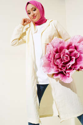 Fermuarlı Kapüşonlu Uzun Yağmurluk Ekru - Thumbnail