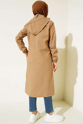 Fermuarlı Kapüşonlu Uzun Yağmurluk Camel - Thumbnail