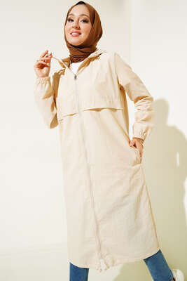 Fermuarlı Kapüşonlu Uzun Yağmurluk Bej - Thumbnail