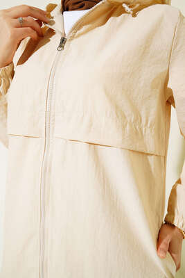 Fermuarlı Kapüşonlu Uzun Yağmurluk Bej - Thumbnail