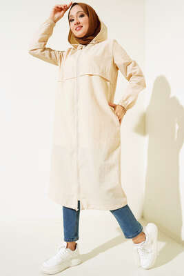 Fermuarlı Kapüşonlu Uzun Yağmurluk Bej - Thumbnail
