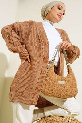 Önden Düğmeli Örgü Hırka Latte - Thumbnail